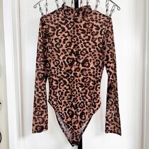 Brave Soul London Long Sleeve Mock Neck Sheer Bodysuit - Leopard Print, Size S
